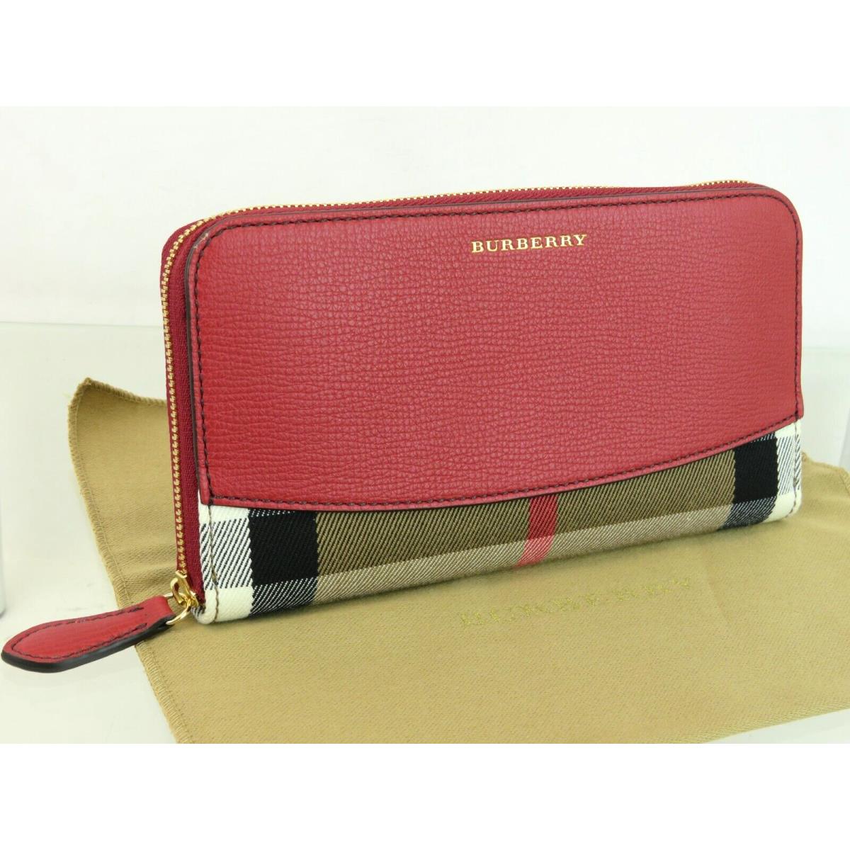 Burberry Elmore Red Leather Check Zip Around Logo Clutch Continental Wallet