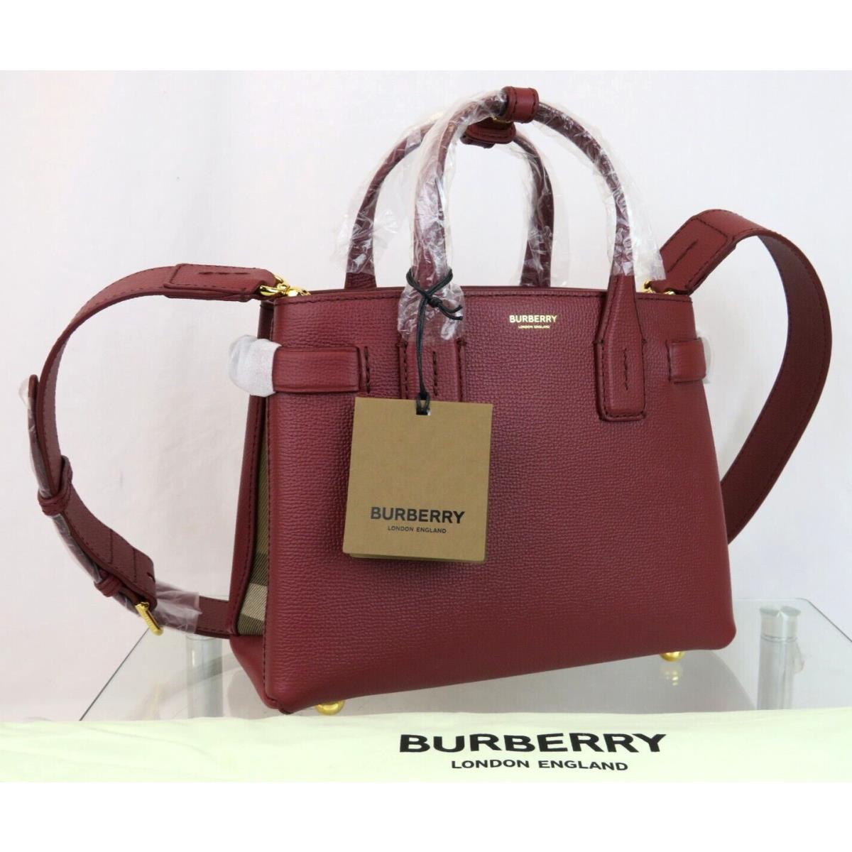 Burberry SM Banner Crimson Leather Check Canvas Shoulder Small Tote Bag