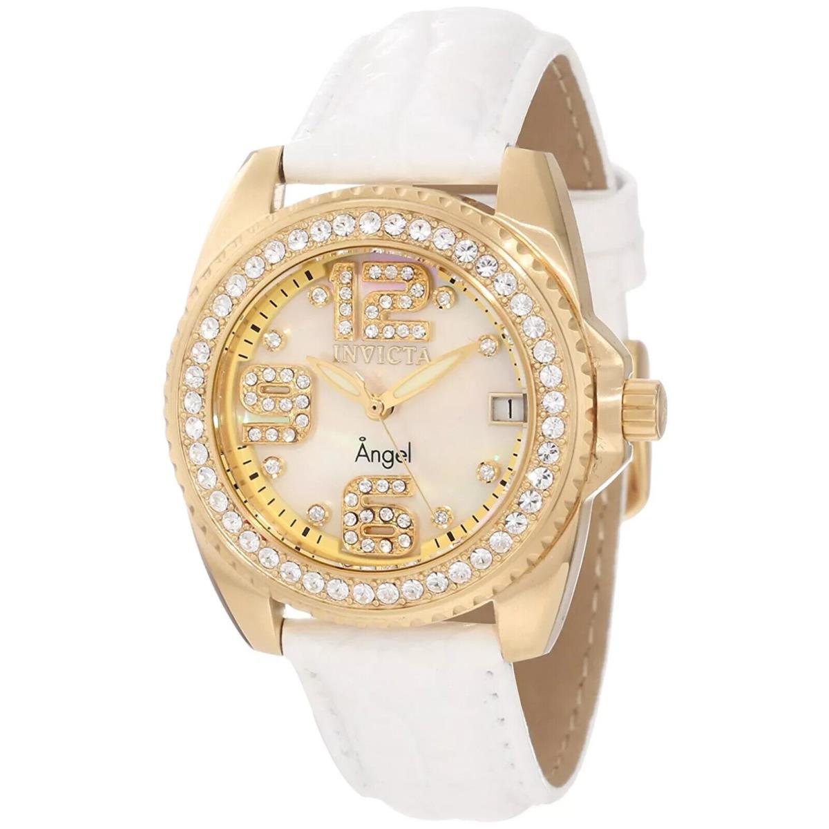 Invicta 1117 Women`s Wildflower Mop Dial White Leather Strap Dress Quartz Watch - Dial: mop, Band: White, Bezel: Gold