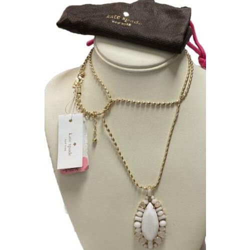 Kate Spade Gold Tone Bead Chain Icy White Rhinestone Pendant Necklace New + Bag