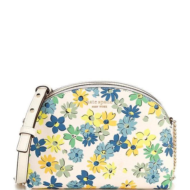 NWT$198 Kate Spade Spencer Floral Medley Double Zip Dome Crossbody Parchment - Exterior: green blue white yellow, Hardware: Gold