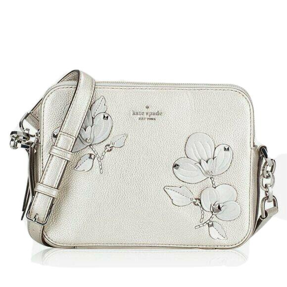 Kate Spade Larchmont Avenue Camera Crossbody Floral Applique Light Metallic