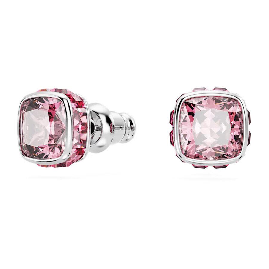 Swarovski Birthstone Stud Earrings Square Cut October Pink Rhodium 5661960