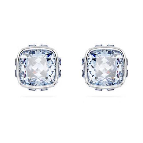 Swarovski Birthstone Stud Earrings Square Cut March Blue Rhodium Plated 5660800