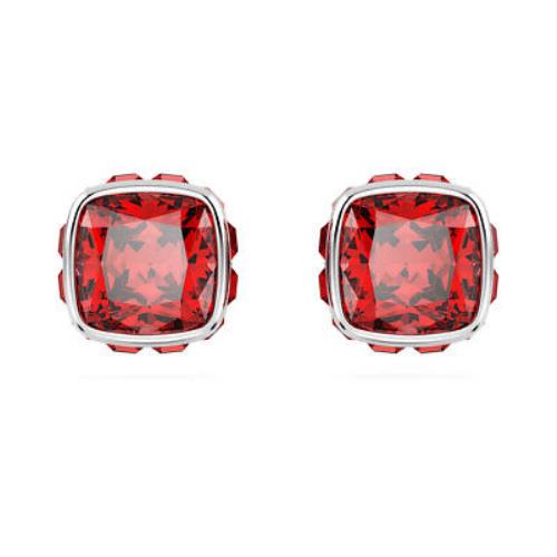 Swarovski Birthstone Stud Earrings Square Cut July Red Rhodium Plated 5661959