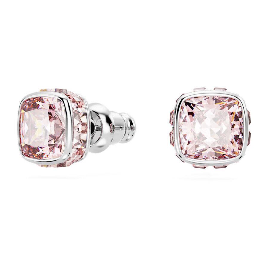 Swarovski Birthstone Stud Earrings Square Cut June Pink Rhodium Plated 5660799