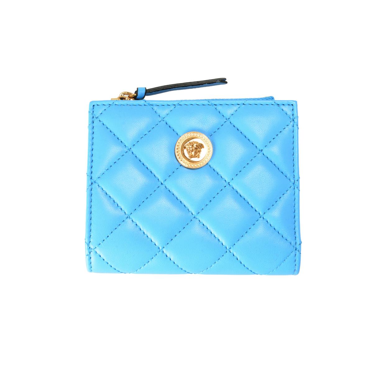 Versace Women`s Blue Leather Quilted Card Case Compact Wallet