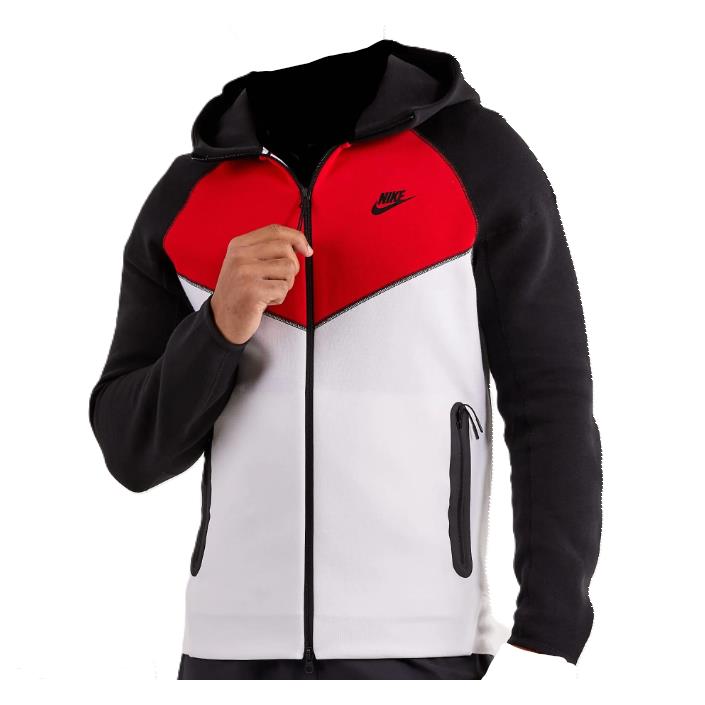 Nike Men`s Tech Fleece Windrunner Full-zip Hoodie White/red/black FZ4709-100 i - White/Red/Black