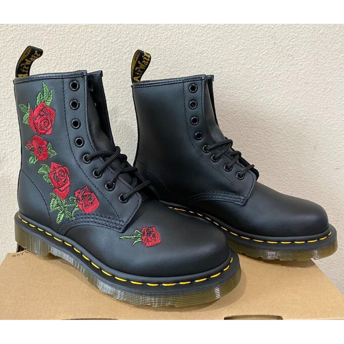 Dr. Martens 1460 Vonda Floral Embroidered 8 Eye Women`s Boots Black/Red Roses