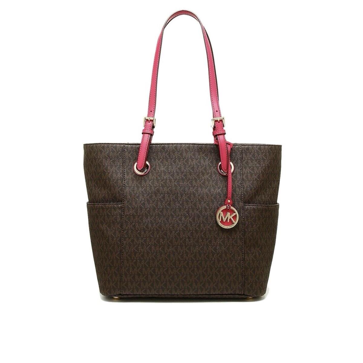 Michael Kors Jet Set Travel Carryall Tote MK Logo Pink and Brown