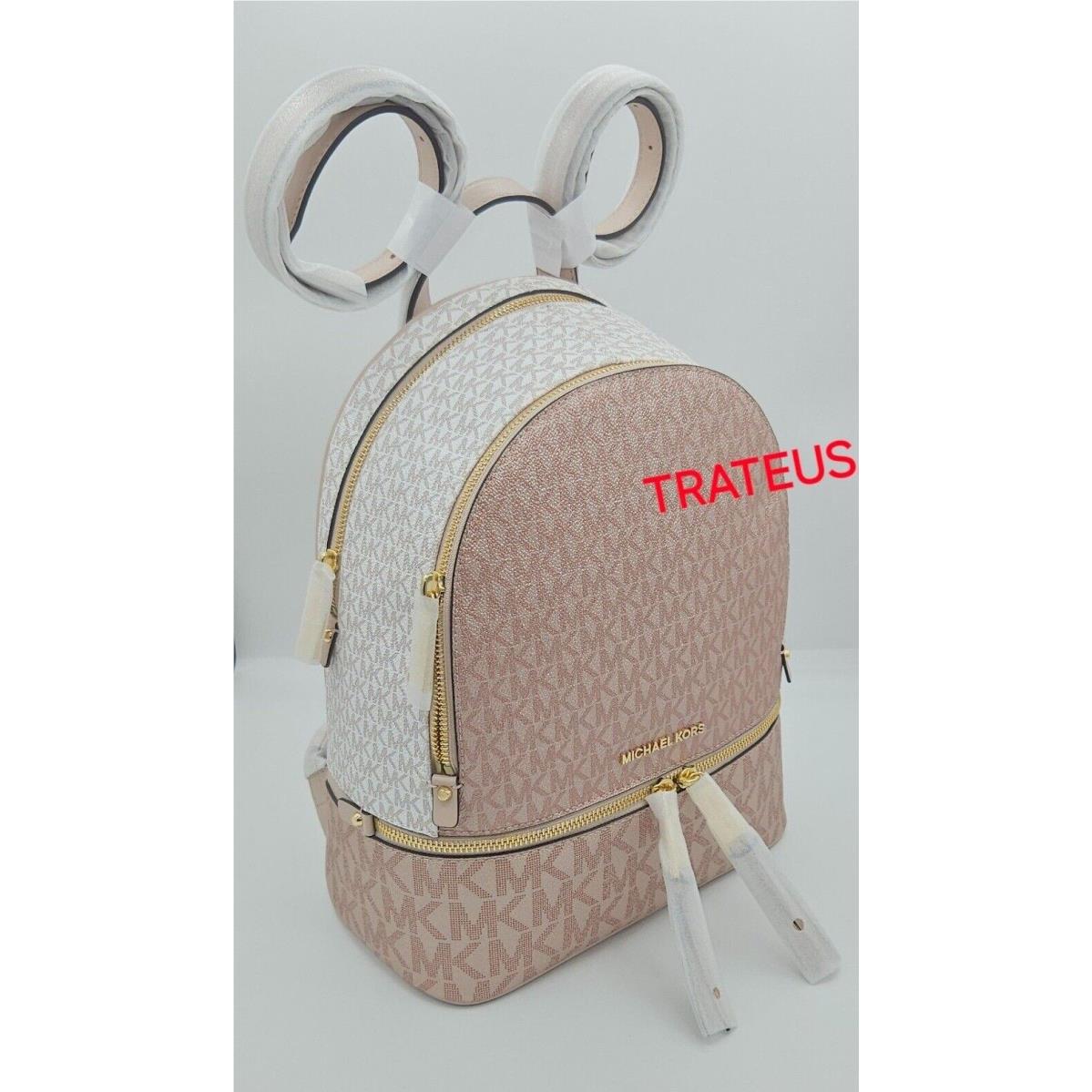 Michael Kors Rhea Medium Metallic Signature Logo Backpack Packed BALLET MULTI / gold