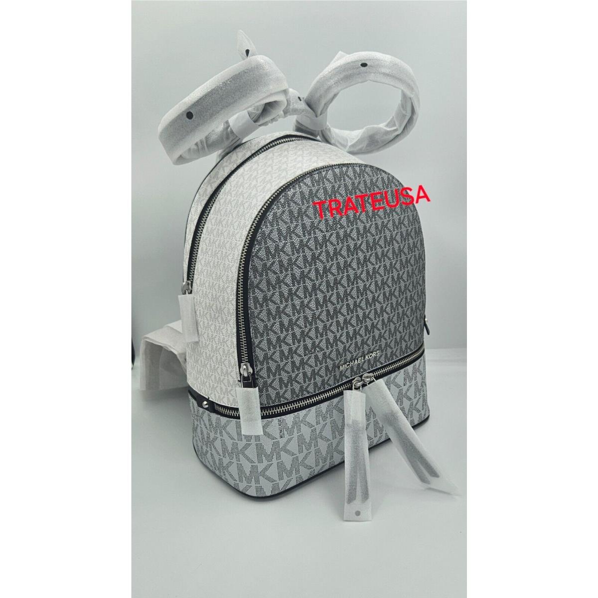 Michael Kors Rhea Medium Metallic Signature Logo Backpack Packed SILVER MULTI / silver