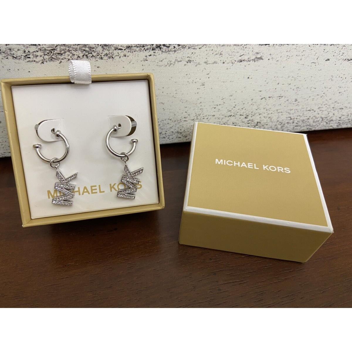 Michael Kors MK Logo Silver Plated Brass Pav CZ Crystal Drop Earrings-$100