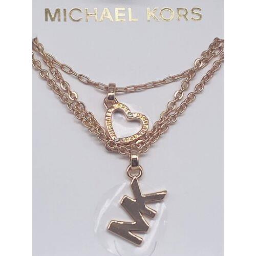 Michael Kors Rosegold Multi Layer Pave Open Heart Logo Necklace