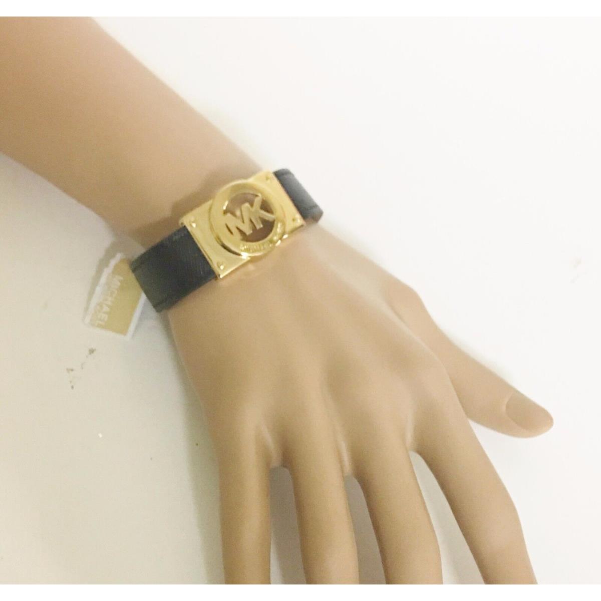 New-michael Kors Fulton Black Saffiano Wrap Bracelet with Gold MK Logo MKJ3862