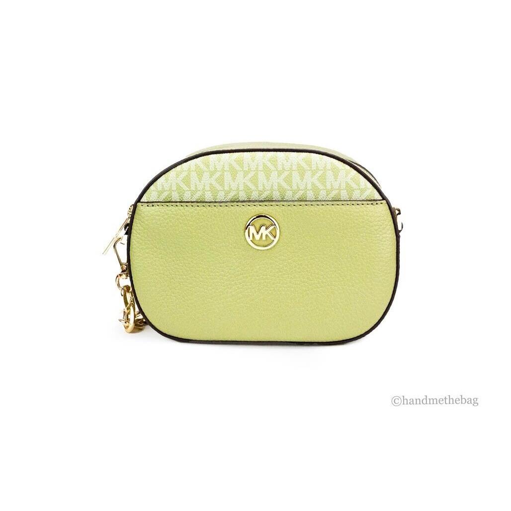 Michael Kors Jet Set Glam Light Sage Leather Front Pocket Oval Crossbody Handbag