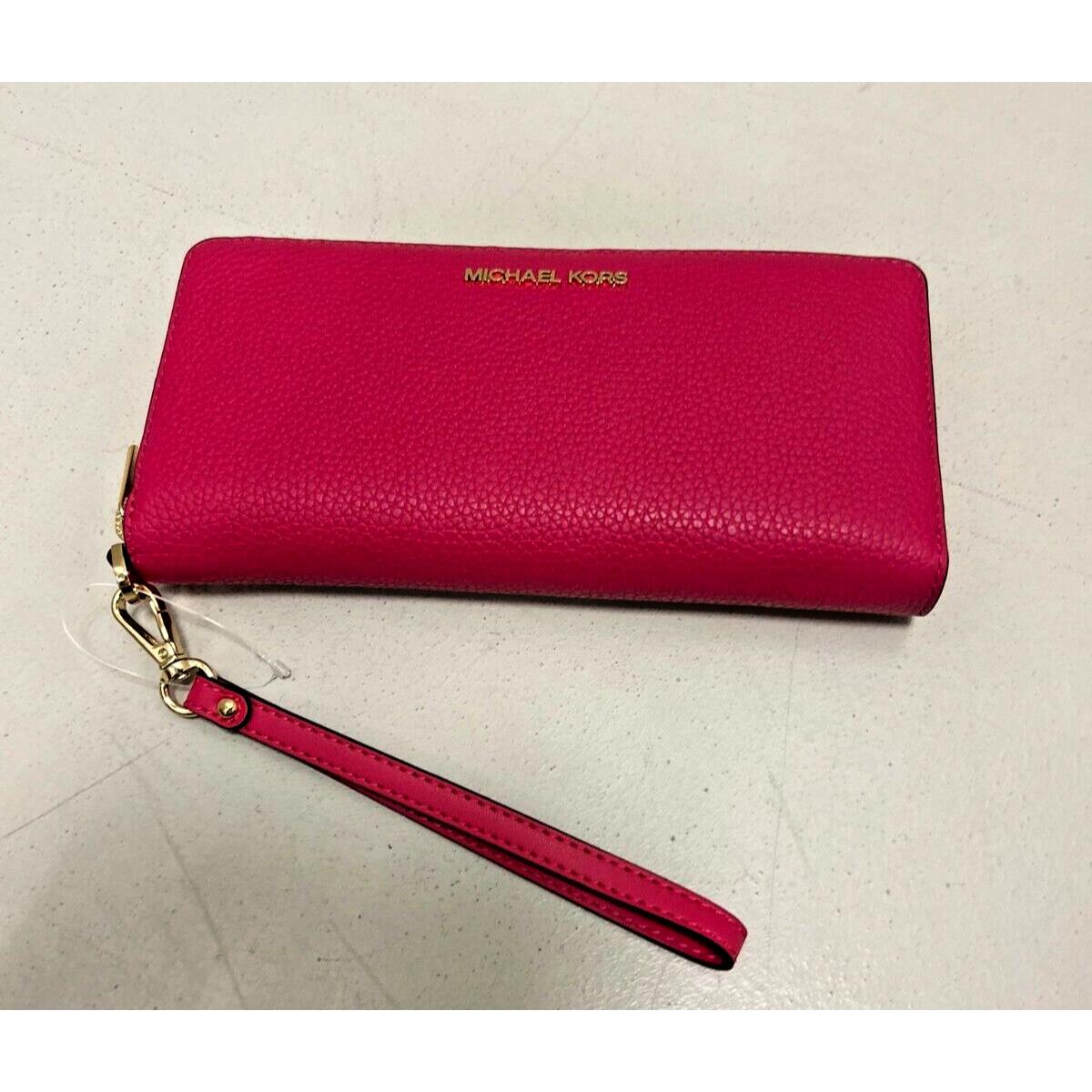 Michael Kors Large Leather Long Zip Around Card Holder id Wallet Wristlet Pink