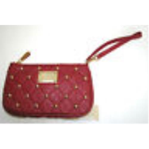 New-michael Kors Quilted Studs Red Leather+gold Tone Hardware Wristlet Clutch