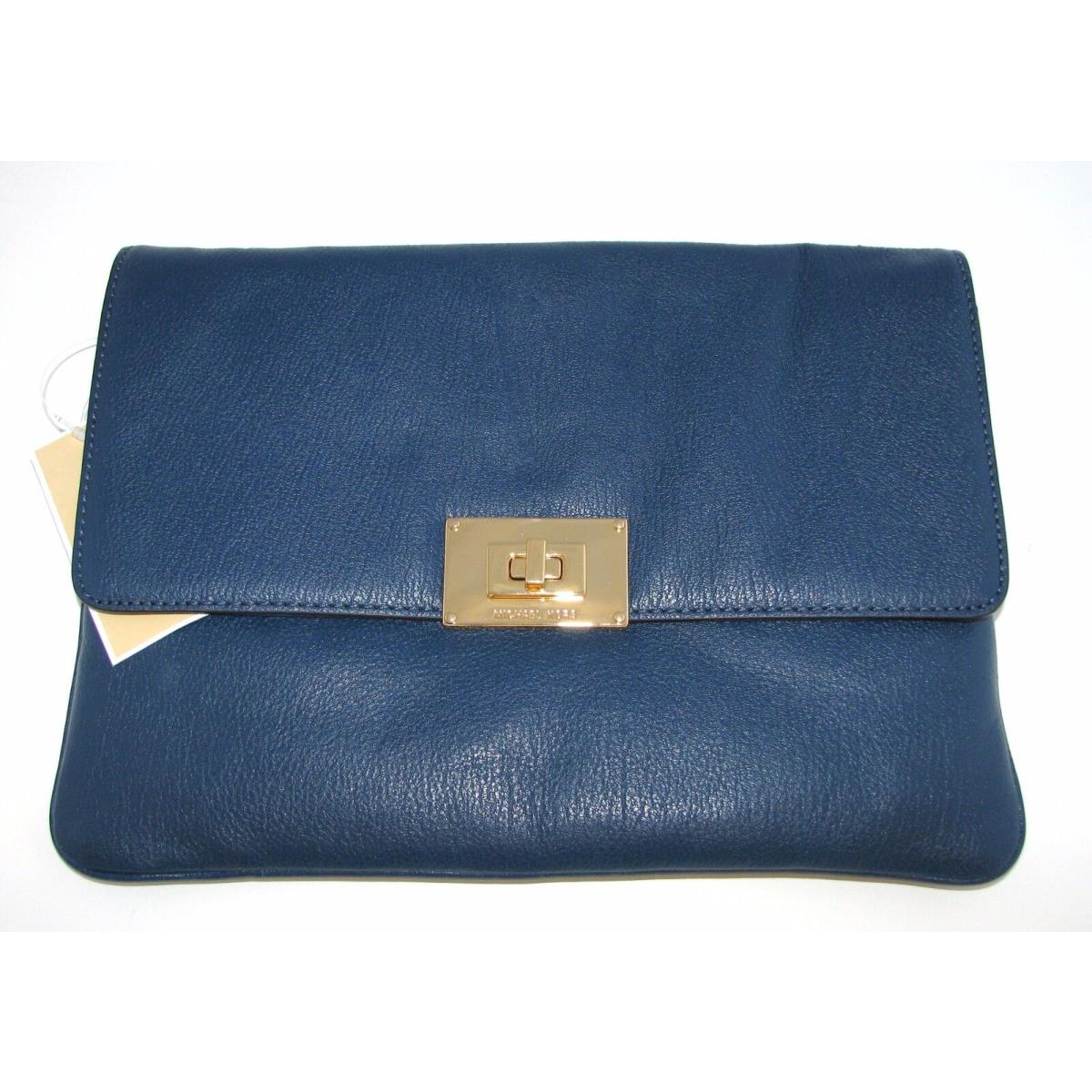 Michael Kors Sloan Navy Blue+gold Leather Oversized Clutch Crossbody Handbag-new