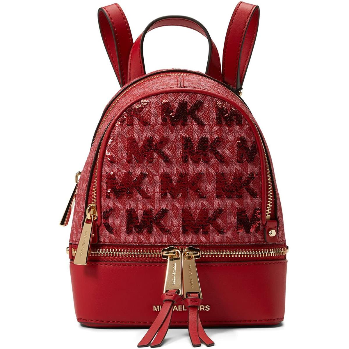 Michael Kors Rhea Zip Extra Small Mini Messenger Backpack Crimson W/sequins