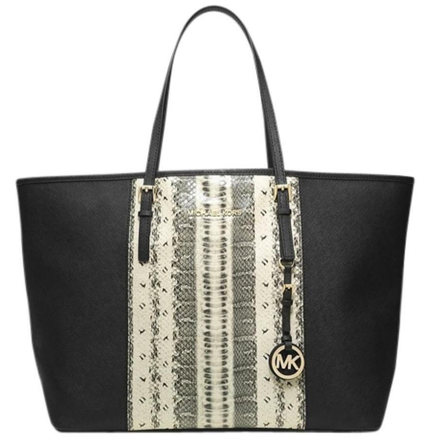 Michael Kors Jet Set MK Travel Medium Center Stripe Python Print Tote-black