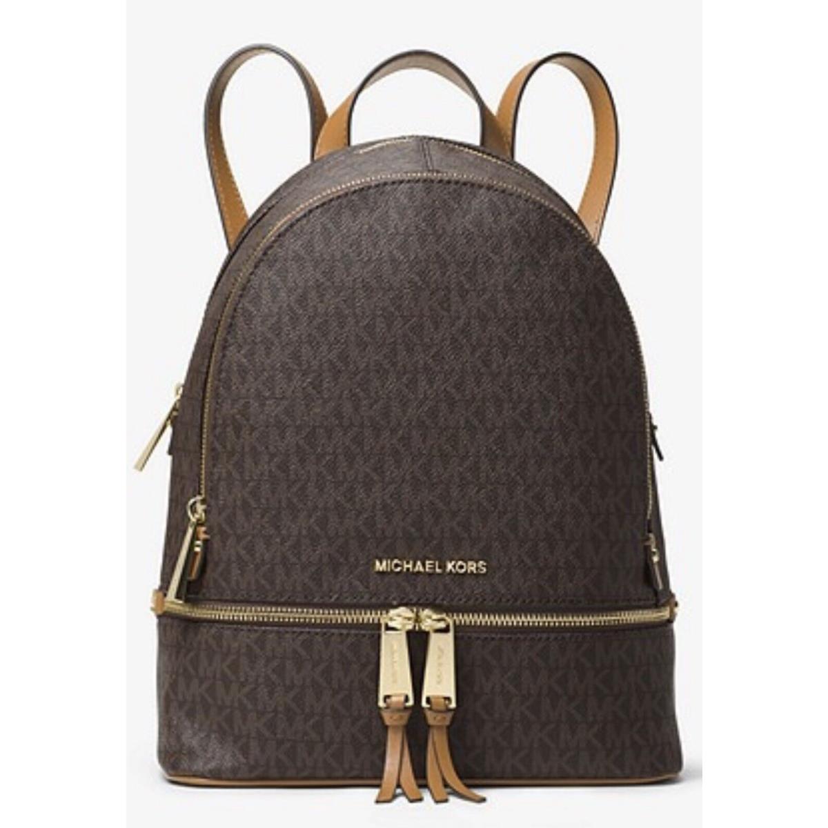Michael Kors Rhea Zip MD Backpack Brown Gold Hardware Pvc -genuine Leather