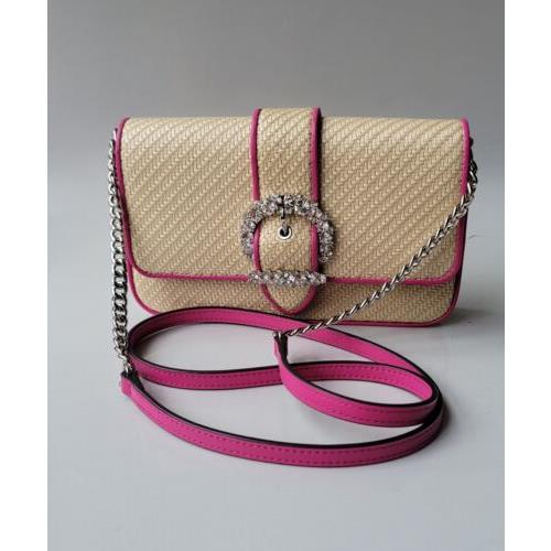 Jimmy Choo Cheri Wallet with Chain Crossbody Bag Beige Raffia Crystal Buckle