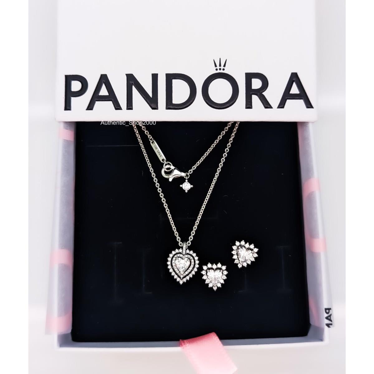 Pandora 925 Sparkling Double Heart Halo Necklace Stud Earring Gift Set Gift Set = Earrings + Necklace