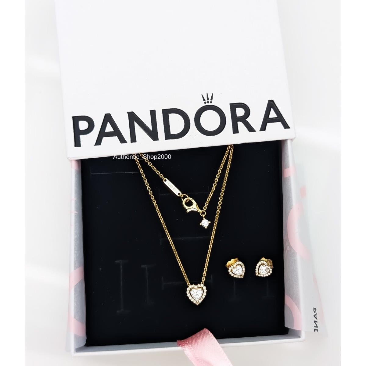 Pandora 14K Gold Sparkling Heart Jewelry Gift Set Necklace + Earrings