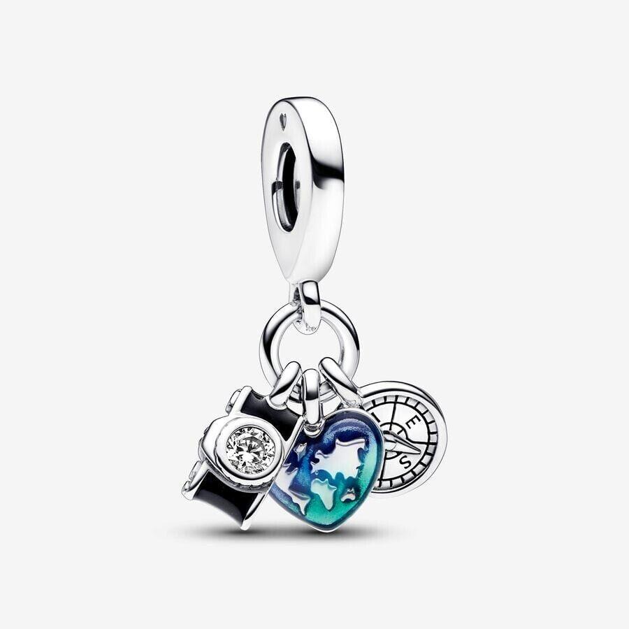 Pandora Silver Camera Heart Compass Triple Dangle Charm 792703C01