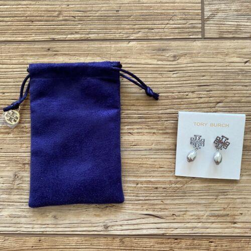 Tory Burch Britten Pearl Drop Earrings Gray Tory Silver w/ Pouch Style 82435