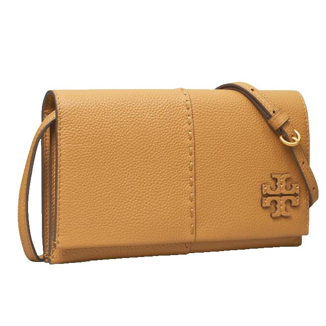 Tory Burch Mcgraw Logo Pebbled Leather Wallet Crossbody In Tiramisu