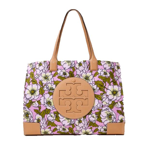 Tory Burch Ella Logo Flower Prints Large Nylon Tote Shopper-aster/ Pink