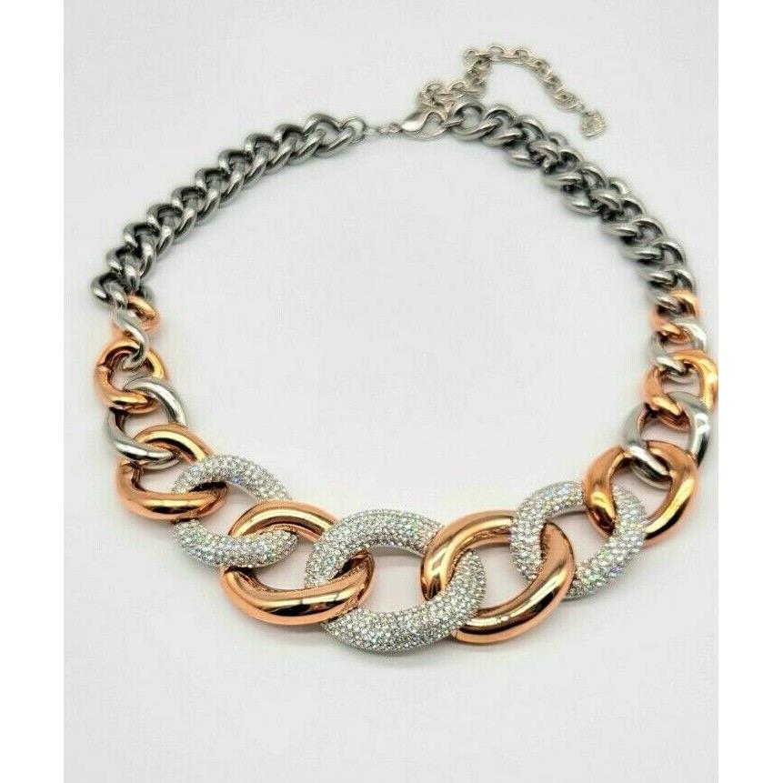 Swarovski Crystal Glamorous Chunky Rose Gold and Silver Curb Link Necklace