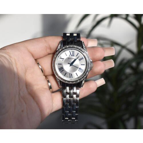 Ladies Pulsar PG2003 Gemmed Bezel Blue Accent Stainless Steel Wrist Watch w Box