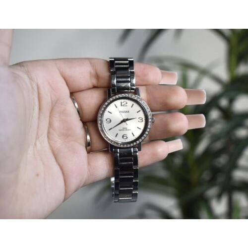 Women`s Pulsar PG2019X Gemmed White Dial Stainless Steel Wrist Watch w Box
