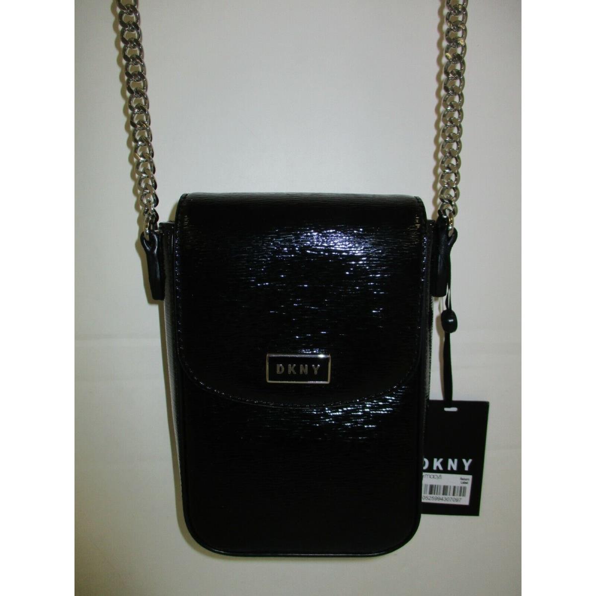 Dkny Mini Crossbody North South Phone Case Patent Leather Black Silver Cha