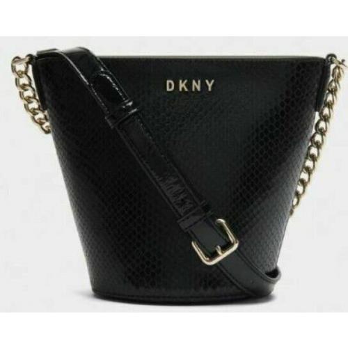 Dkny Kim Leather Chain Bucket Mini Crossbody Croc Embossed Black Zip Gold