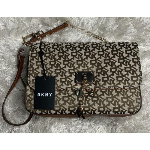 Dkny Cleo Flap Over Slide Chain Bag Signature Jacquard Shoulder Charms Crossbody