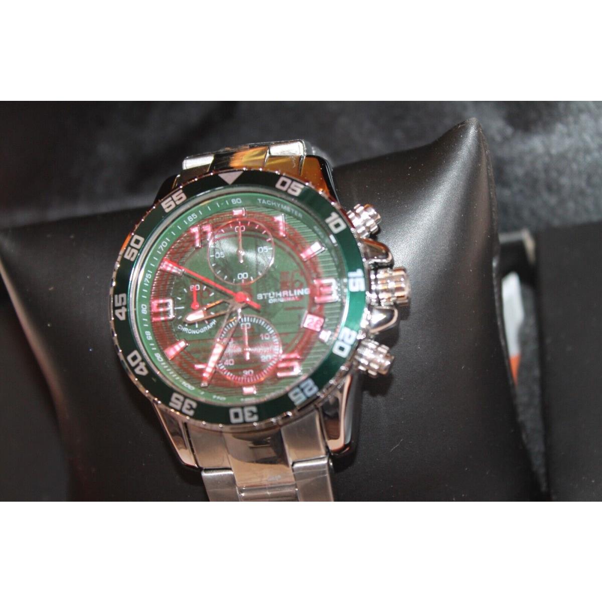 Stuhrling Stuhring Watch Mens Watch Chronograph SS Tachymeter Green Silver Tone