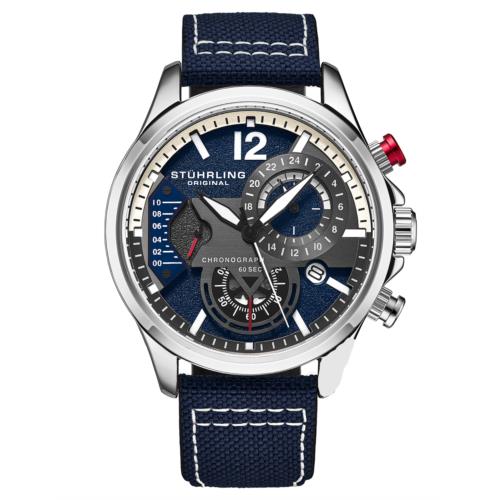 Stuhrling 4029 2 Aviator Quartz Chronograph Date Blue Leather Mens Watch