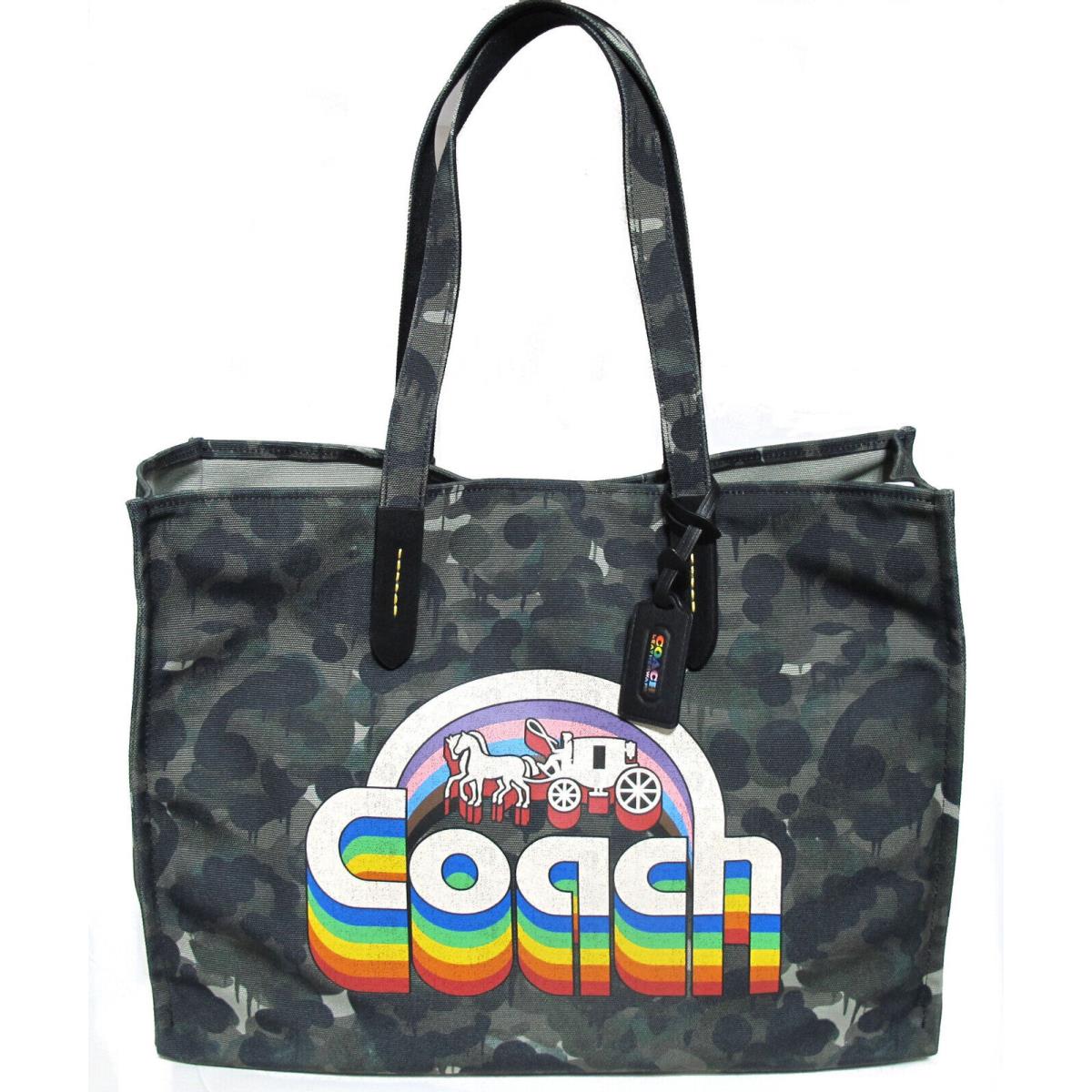 Coach Camo Print Rainbow Horse Carriage Canvas Tote 42 Green/blue CA303