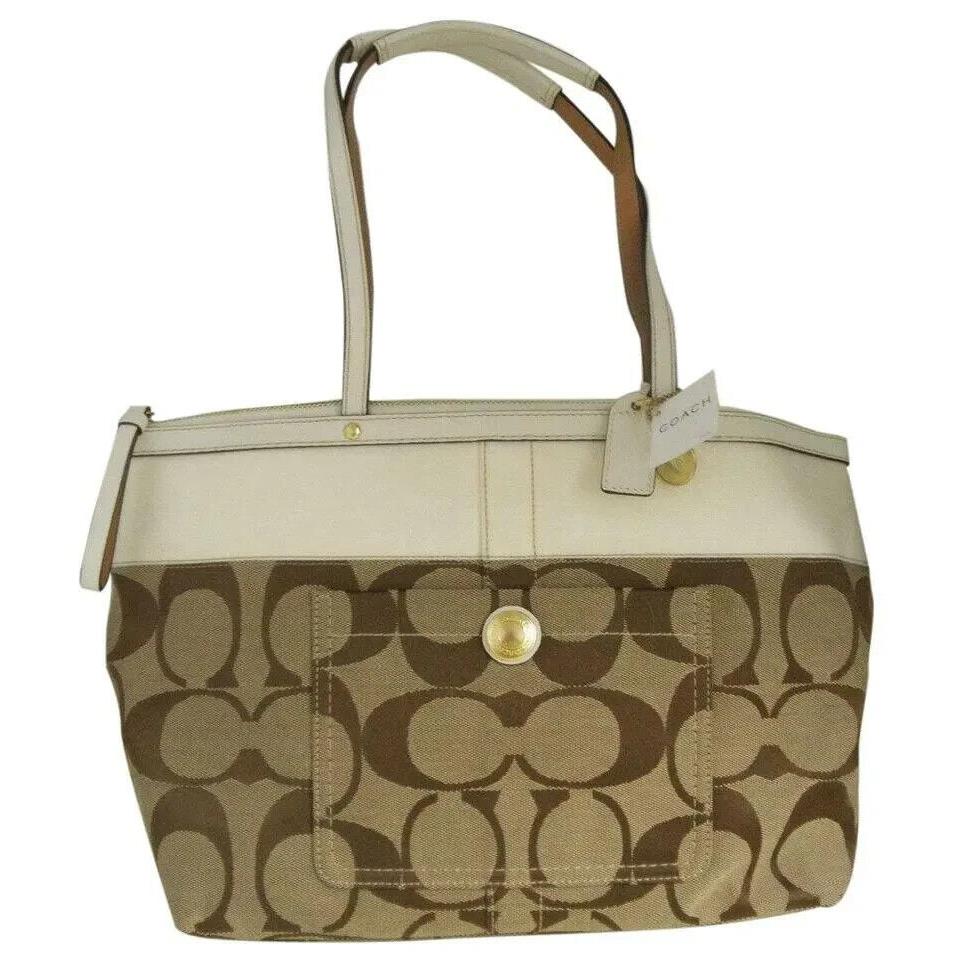 Coach Khaki/white Signature Stripe 11691 Khaki and White Canvas Tote Orig - Handle/Strap: White, Exterior: , Lining: Beige