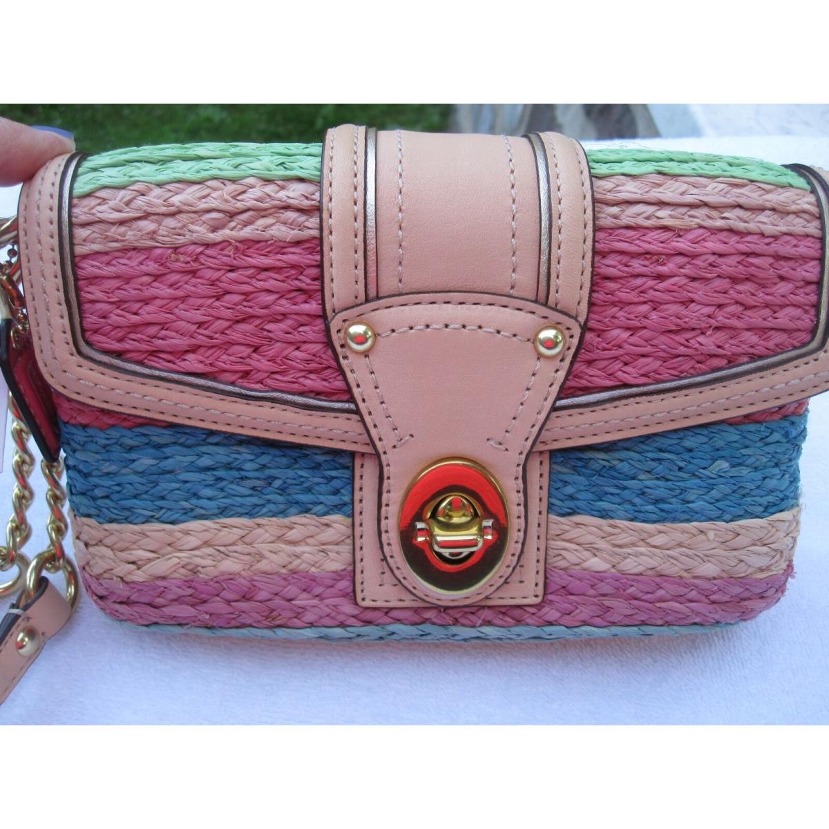 Coach Multi Color Striped Straw Clutch/wristlet / Leather Trim-$168