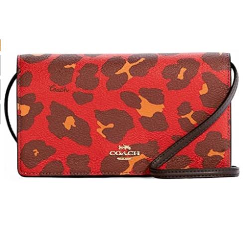 Coach Anna Leopard Print Signature Coated Canvas Foldover Crossbody Clutch -7301 - Lining: Brown, Exterior: Gold/Bright Poppy