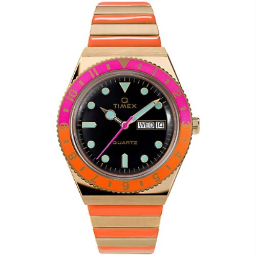 Timex Q Malibu Orange Pink Gold SS Women`s Watch