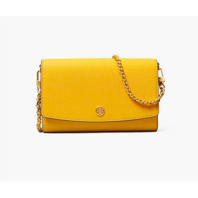 Tory Burch Robinson Wallet On a Chain Woc Leather Crossbody Multiple Colors Golden Crest - Yellow