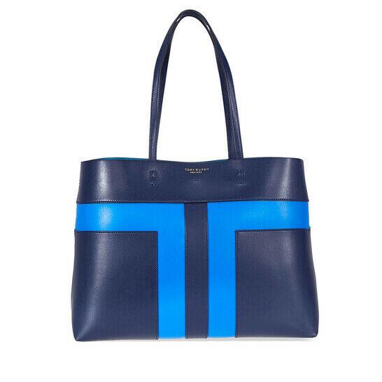 IN Plastic Tory Burch Block T Leather Tote Bag Blue Stunning