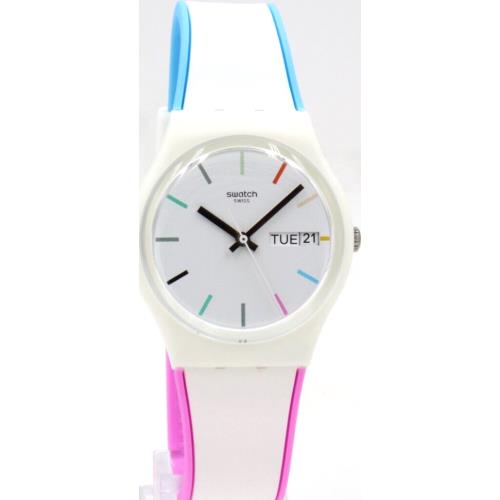 Swiss Swatch Originals Edgyline White Silicone Watch Day-date GW708 34mm