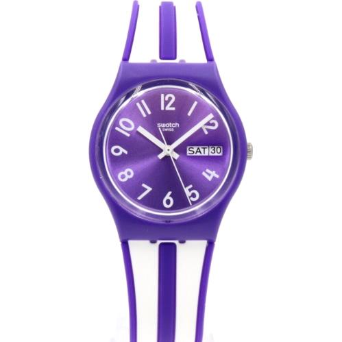 Swiss Swatch Nuora Gelso Purple Silicone Day-date Watch 34mm GV701